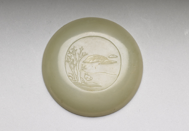 清 青玉雕山水小圓盒